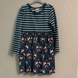 Hanna Andersson Teal Striped Dress with Rainbow and Animal Print